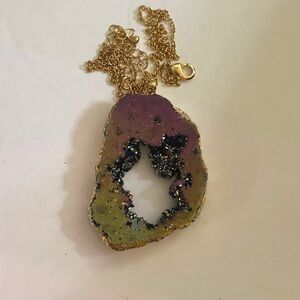 Druzy Reversable QuartzCrystal GeodeSlice Pendant. Breast Cancer Fundraiser